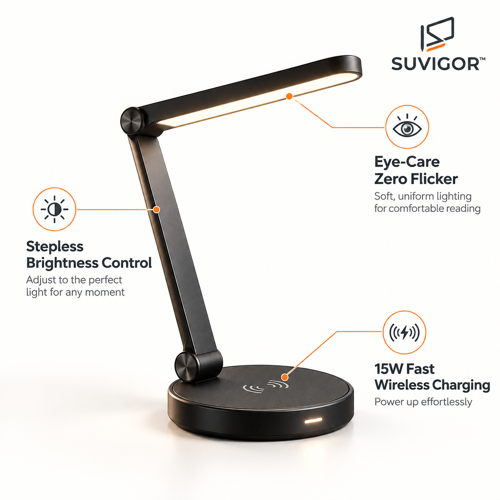Suvigor™ Magnetic Wireless Charging LED Desk Lamp, 360° Rotating Multi-Functional Reading Light with Stepless Dimming