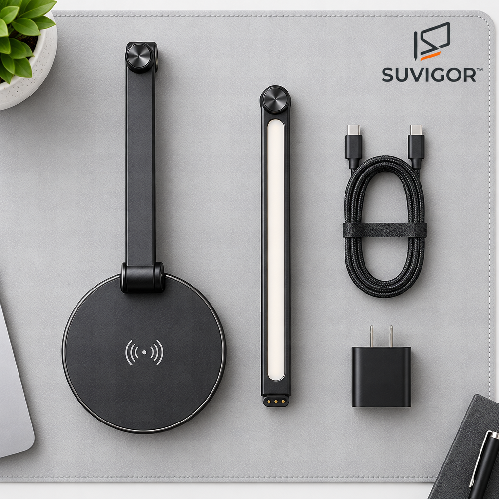 Suvigor™ Magnetic Wireless Charging LED Desk Lamp, 360° Rotating Multi-Functional Reading Light with Stepless Dimming