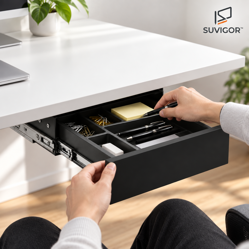 Suvigor™ Under-Desk Hidden Keyboard Drawer & Storage Box, Slide-Out Under-Table Organizer Tray for Office Supplies