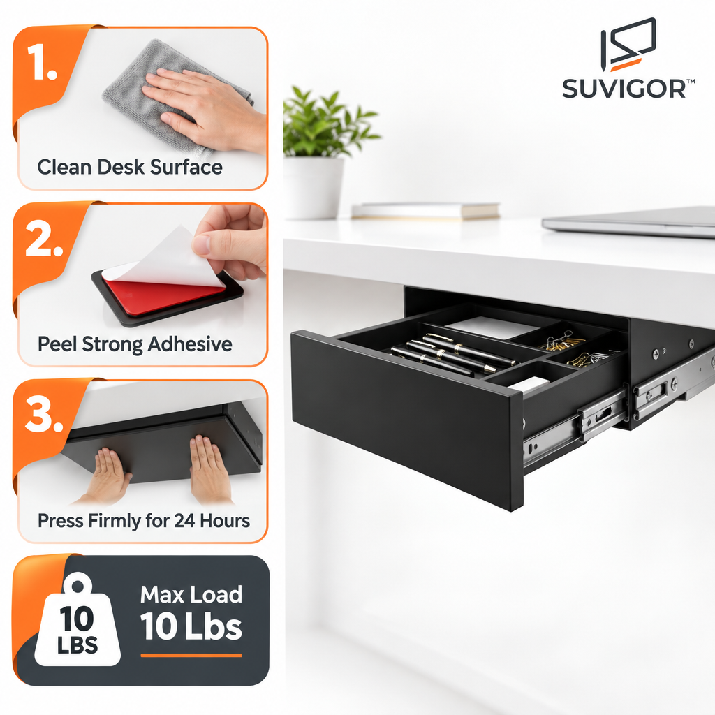 Suvigor™ Under-Desk Hidden Keyboard Drawer & Storage Box, Slide-Out Under-Table Organizer Tray for Office Supplies
