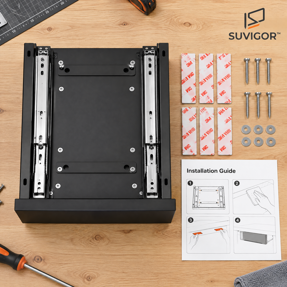Suvigor™ Under-Desk Hidden Keyboard Drawer & Storage Box, Slide-Out Under-Table Organizer Tray for Office Supplies