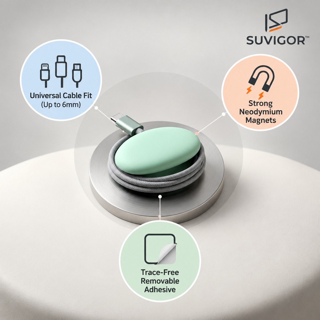 Suvigor™ Magnetic Silicone Cable Organizer, Desktop Cord Holder & Wire Management Clips for USB Charger & Charging Cables