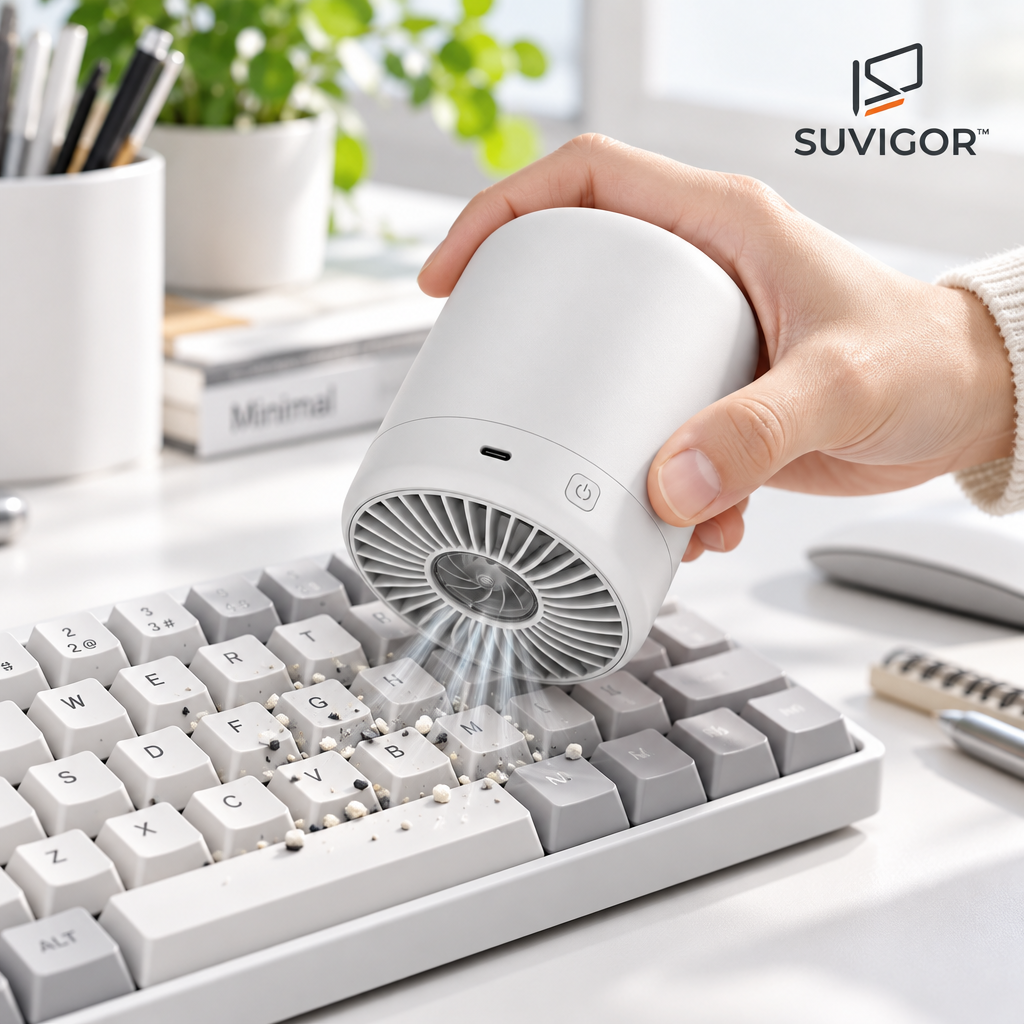 Suvigor™ Mini Cordless Desktop Vacuum Cleaner, Portable Rechargeable Handheld Dust Sweeper & Keyboard Cleaner for Desk, Crumbs & Office
