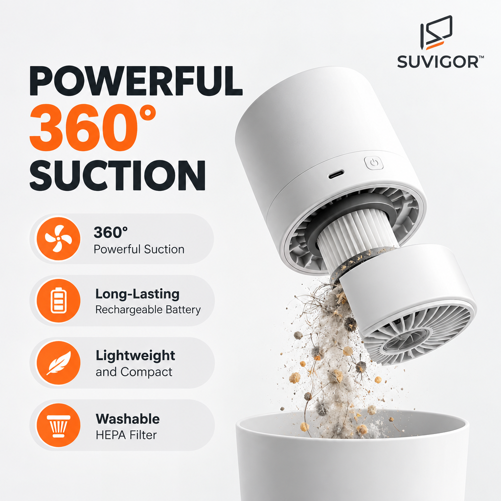 Suvigor™ Mini Cordless Desktop Vacuum Cleaner, Portable Rechargeable Handheld Dust Sweeper & Keyboard Cleaner for Desk, Crumbs & Office