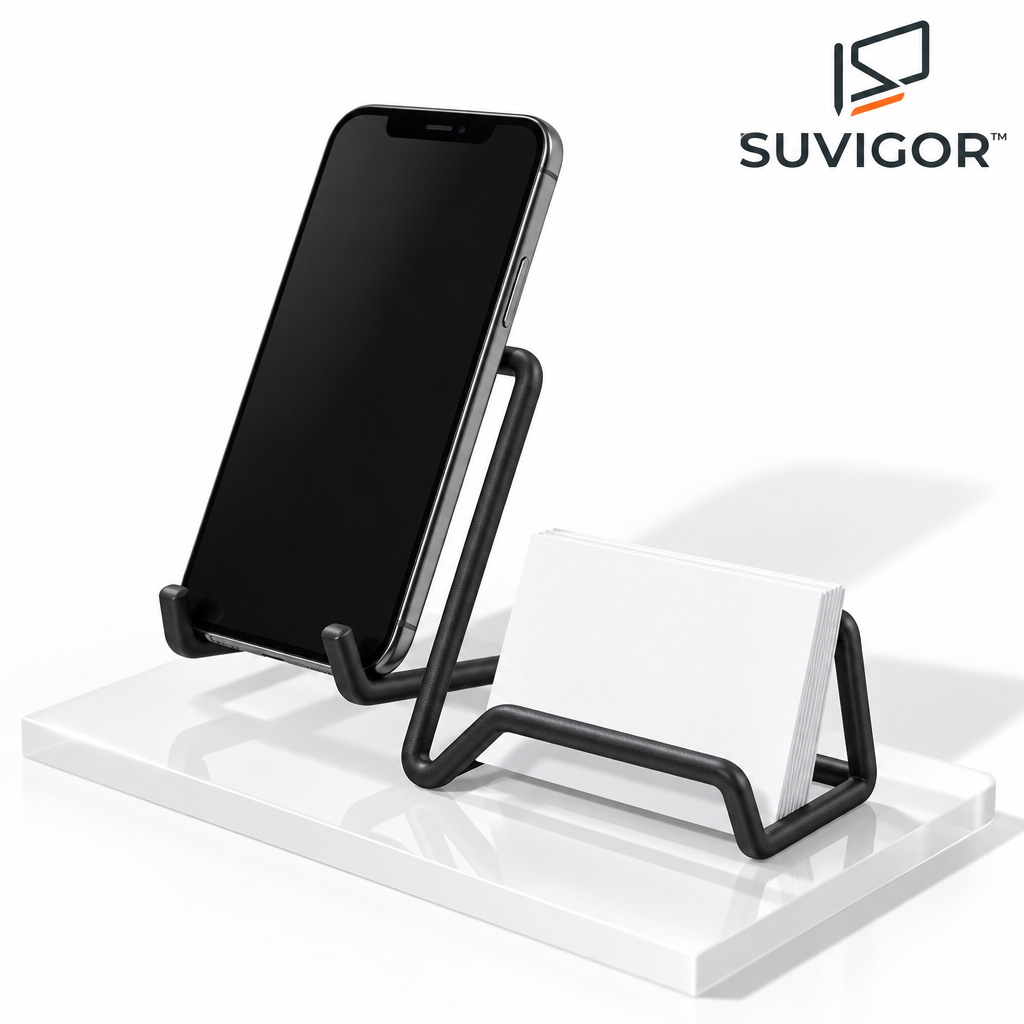 Suvigor™ Vertical Business Card & Phone Display Stand, Minimalist Desktop Card Holder & Smartphone Mount for Office Desk Decor