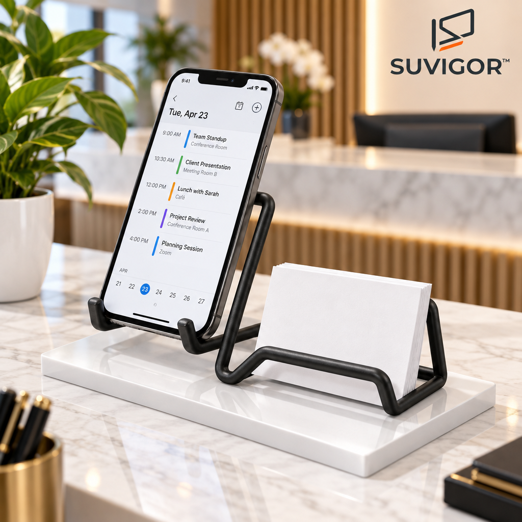 Suvigor™ Vertical Business Card & Phone Display Stand, Minimalist Desktop Card Holder & Smartphone Mount for Office Desk Decor