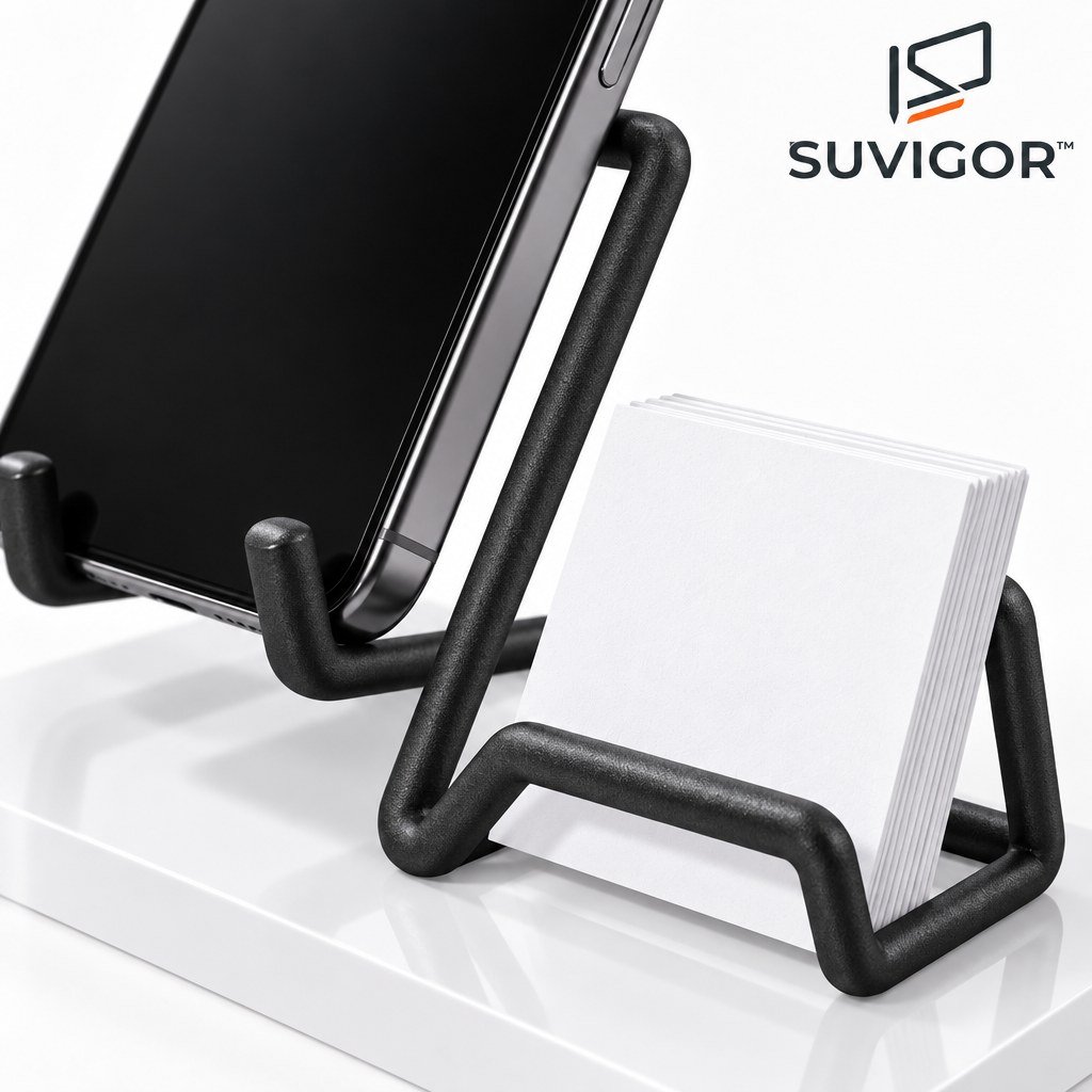 Suvigor™ Vertical Business Card & Phone Display Stand, Minimalist Desktop Card Holder & Smartphone Mount for Office Desk Decor