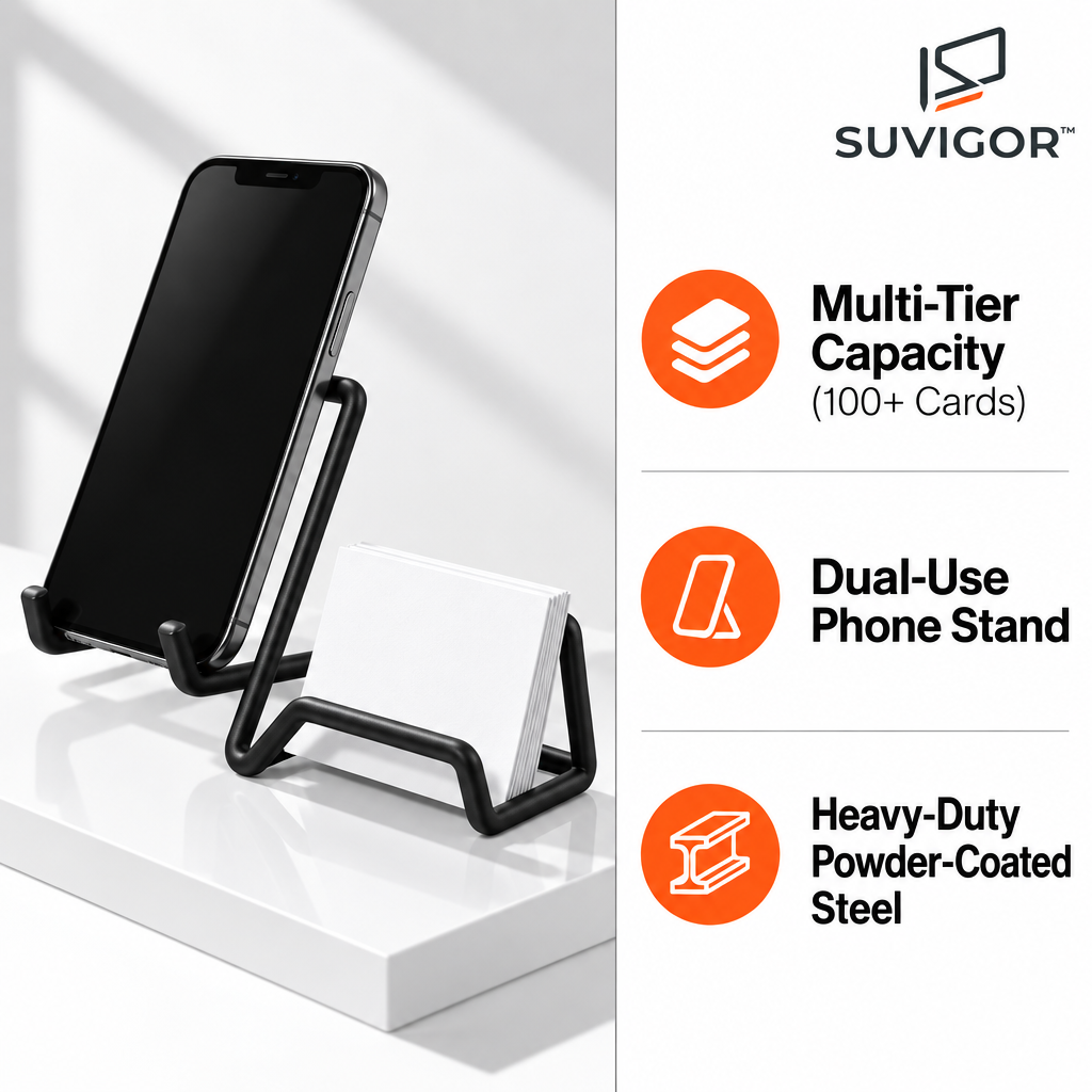 Suvigor™ Vertical Business Card & Phone Display Stand, Minimalist Desktop Card Holder & Smartphone Mount for Office Desk Decor