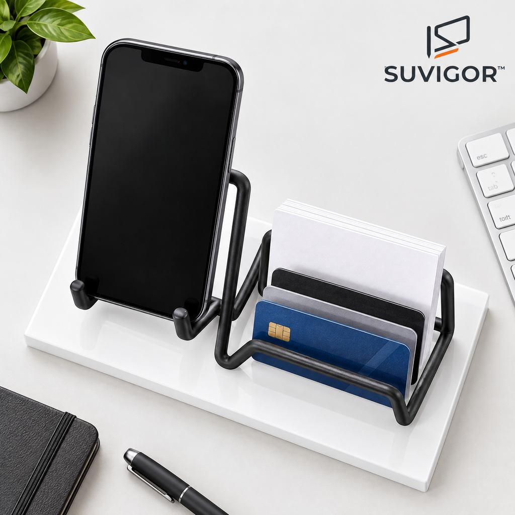Suvigor™ Vertical Business Card & Phone Display Stand, Minimalist Desktop Card Holder & Smartphone Mount for Office Desk Decor