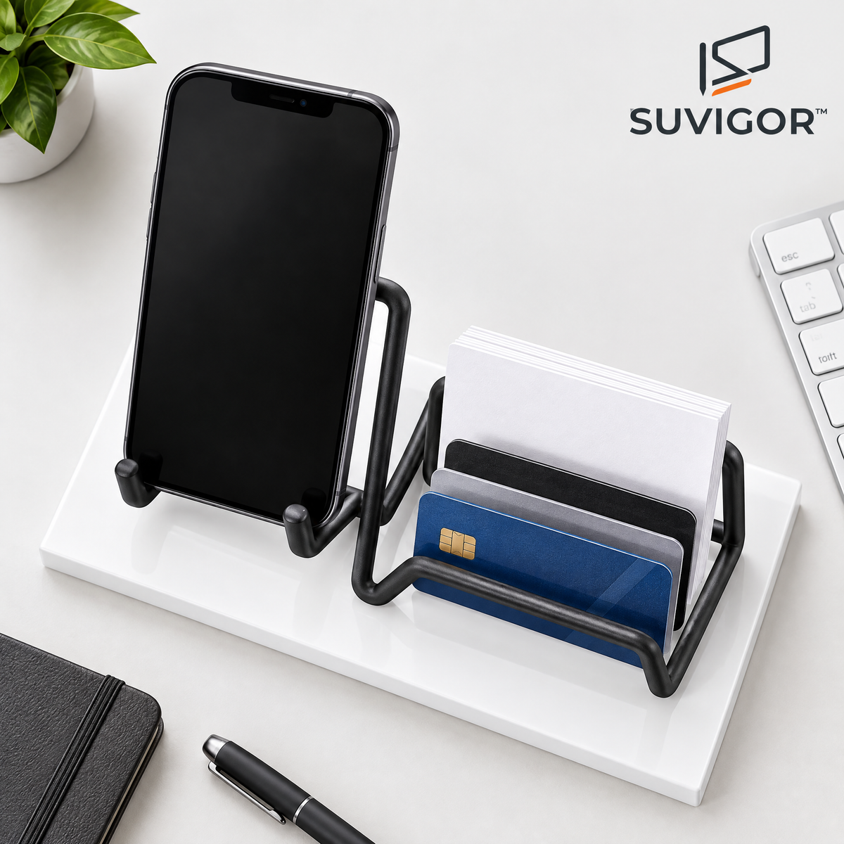 Suvigor™ Vertical Business Card & Phone Display Stand, Minimalist Desktop Card Holder & Smartphone Mount for Office Desk Decor