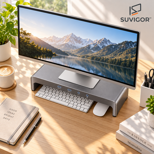 Suvigor™ Aluminum Monitor Stand Riser with USB Hub, Ergonomic Desktop Organizer & Screen Holder for PC/Laptop