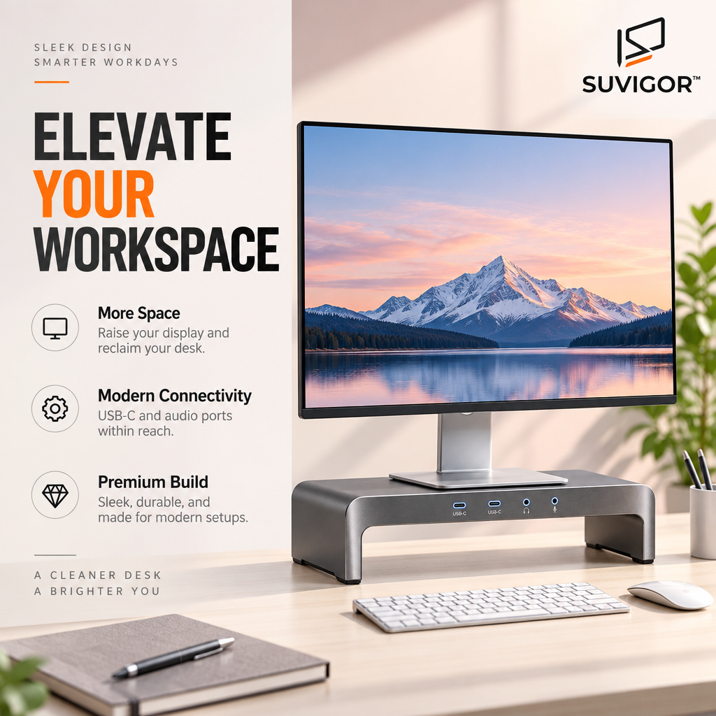 Suvigor™ Aluminum Monitor Stand Riser with USB Hub, Ergonomic Desktop Organizer & Screen Holder for PC/Laptop