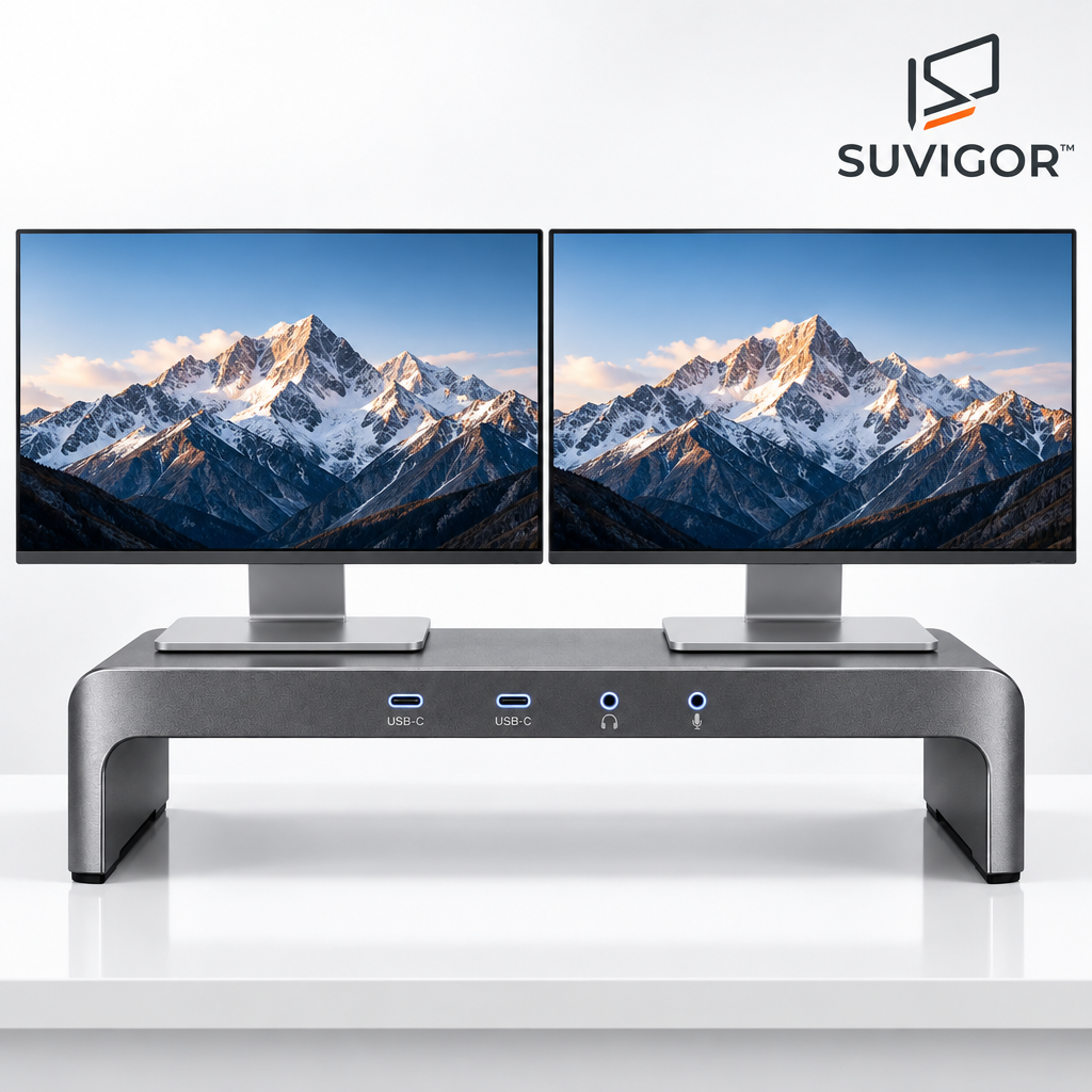 Suvigor™ Aluminum Monitor Stand Riser with USB Hub, Ergonomic Desktop Organizer & Screen Holder for PC/Laptop
