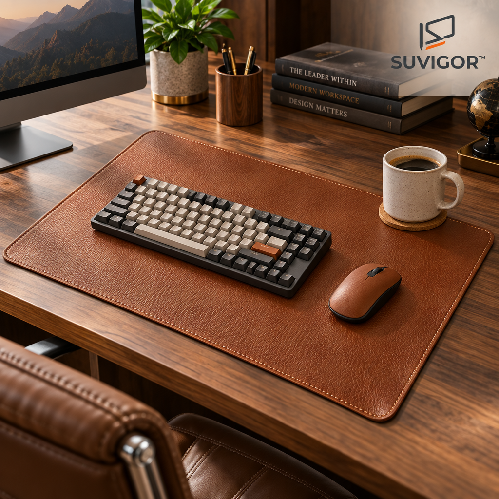 Suvigor™ Large Full-Grain Leather Desk Mat, Waterproof Desk Pad Protector, Smooth Mouse Pad with Anti-Slip Base for Office & Home
