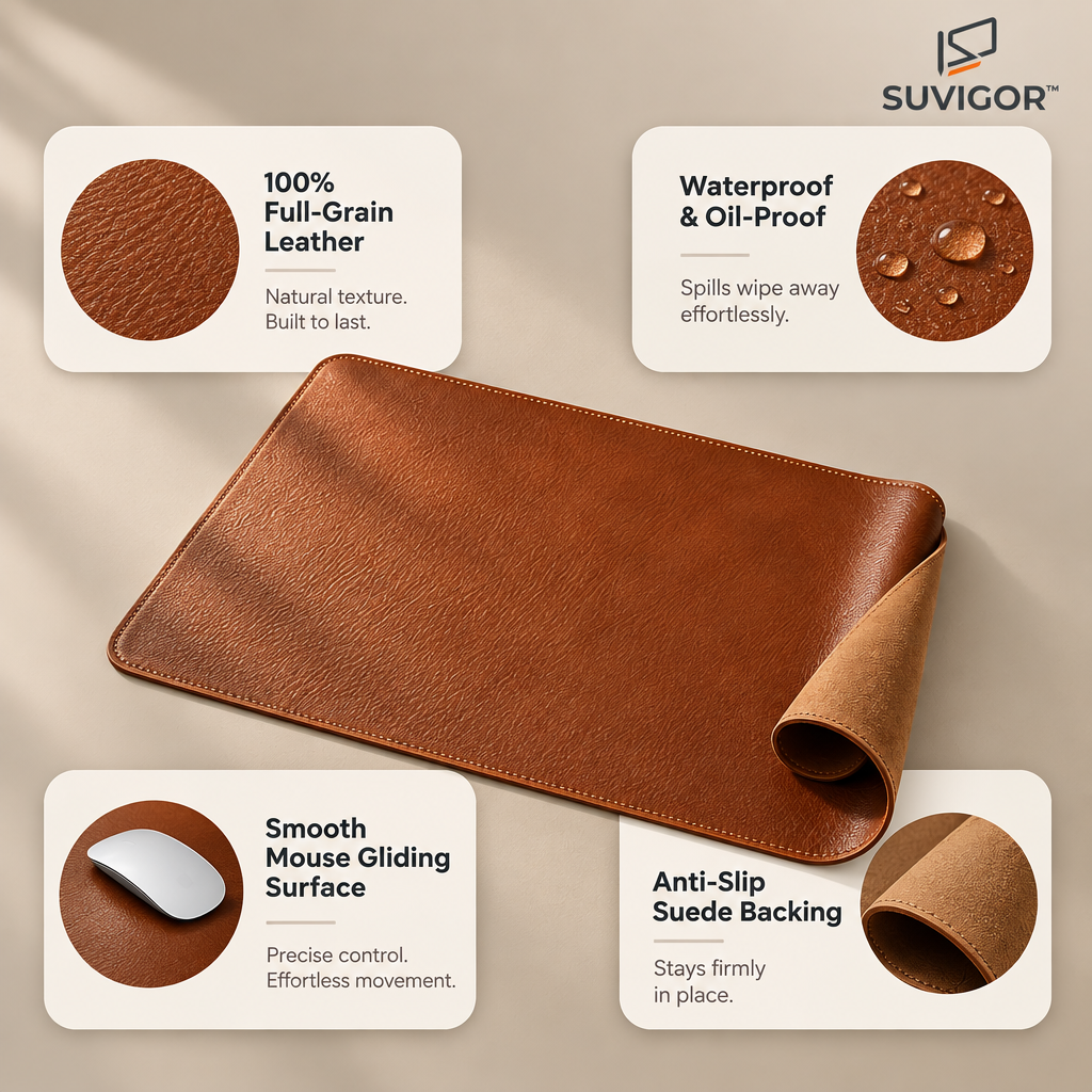 Suvigor™ Large Full-Grain Leather Desk Mat, Waterproof Desk Pad Protector, Smooth Mouse Pad with Anti-Slip Base for Office & Home