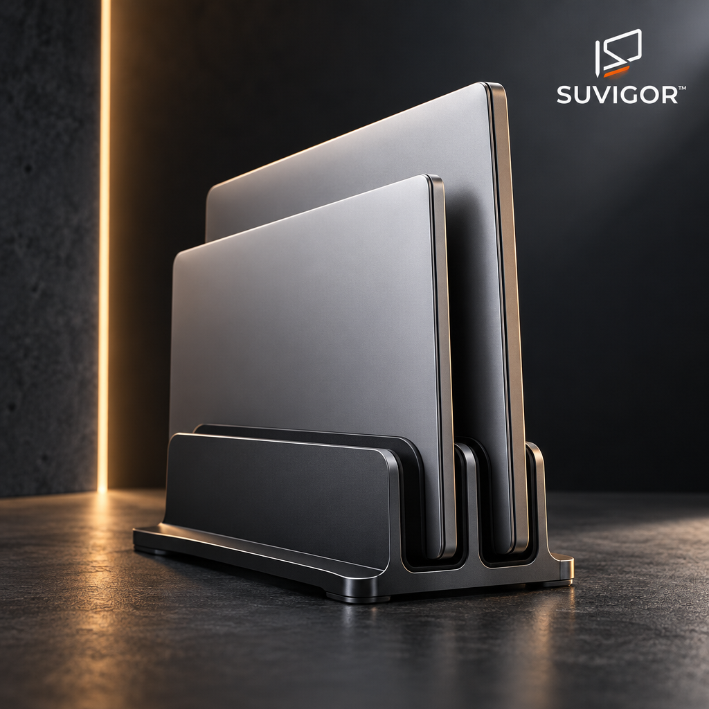 Suvigor™ Modern Vertical Dual Laptop Stand | Adjustable Aluminum Space-Saving Desktop Holder