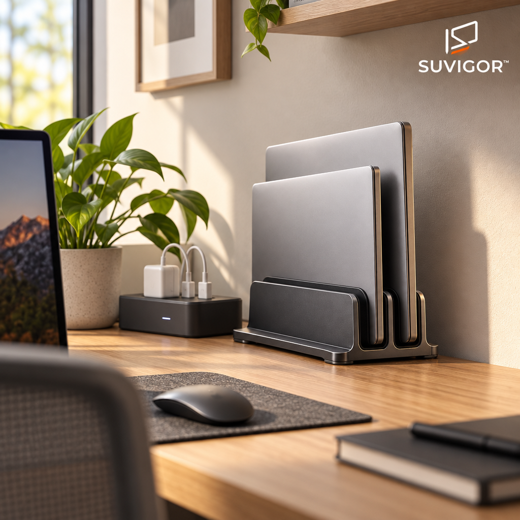 Suvigor™ Modern Vertical Dual Laptop Stand | Adjustable Aluminum Space-Saving Desktop Holder