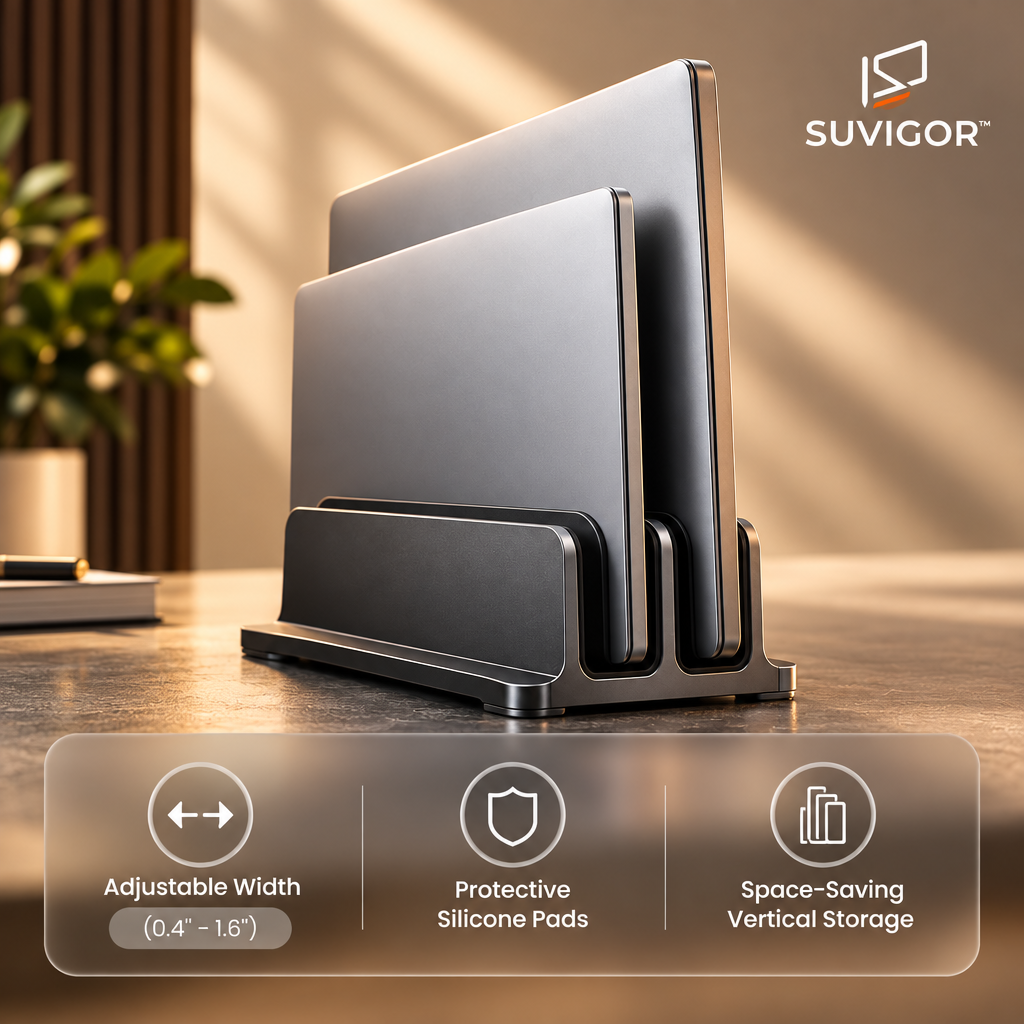 Suvigor™ Modern Vertical Dual Laptop Stand | Adjustable Aluminum Space-Saving Desktop Holder