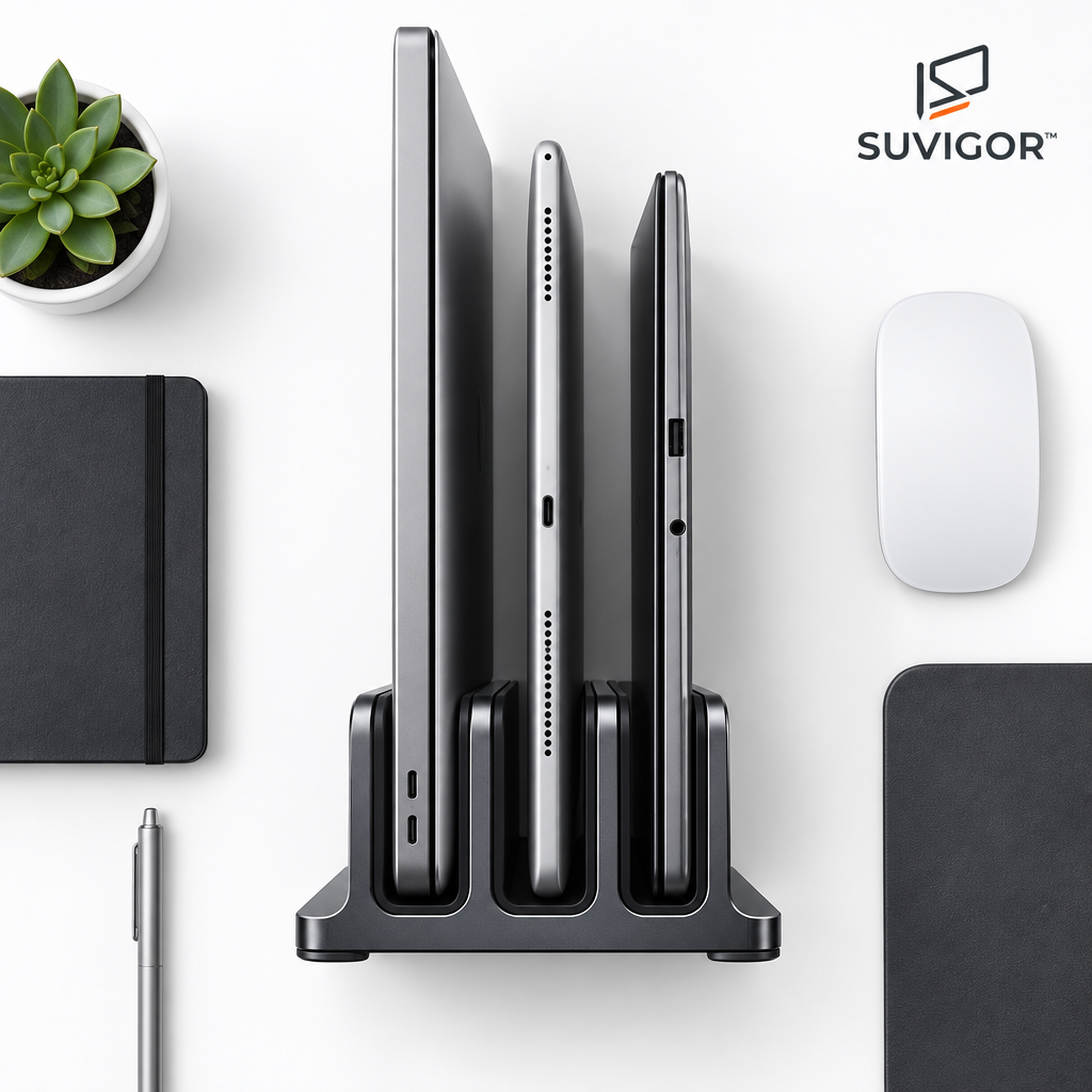 Suvigor™ Modern Vertical Dual Laptop Stand | Adjustable Aluminum Space-Saving Desktop Holder