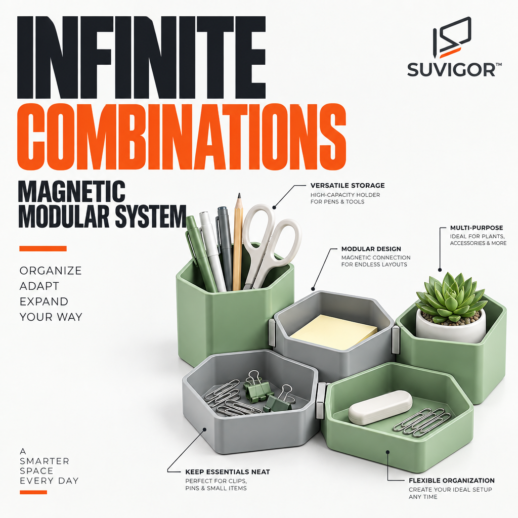 Suvigor™ Magnetic Modular Desk Organizer Set, Stackable Interlocking Desktop Storage Trays with Strong Magnets for Office Supplies & Stationery