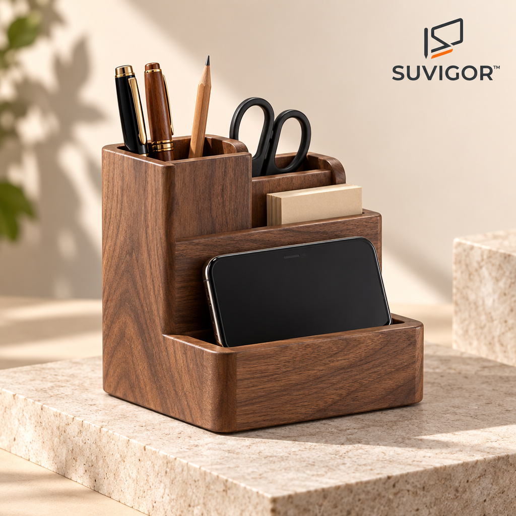 Suvigor™ Solid Wood Pen Holder & Desk Caddy, Multi-Compartment Wooden Organizer with Phone Stand for Office & Study Supplies