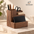 Suvigor™ Solid Wood Pen Holder & Desk Caddy, Multi-Compartment Wooden Organizer with Phone Stand for Office & Study Supplies