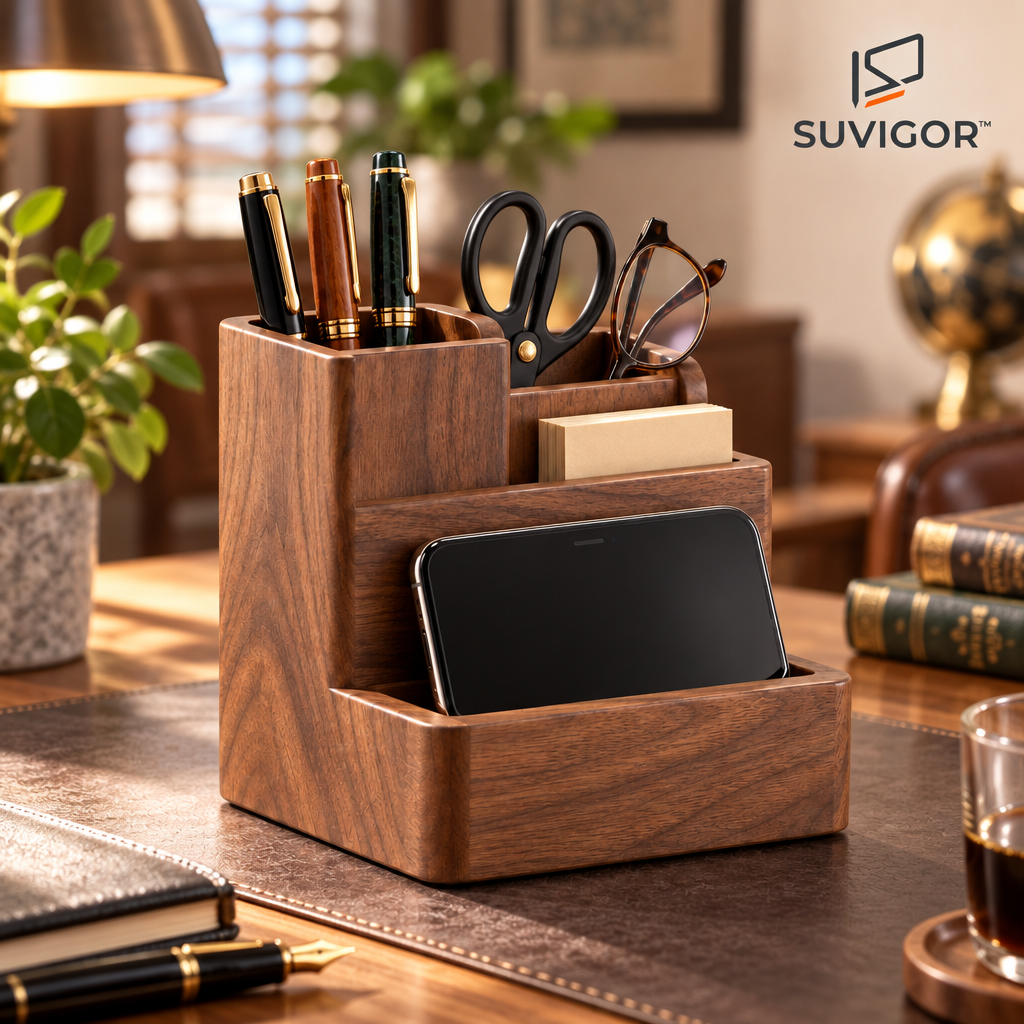 Suvigor™ Solid Wood Pen Holder & Desk Caddy, Multi-Compartment Wooden Organizer with Phone Stand for Office & Study Supplies