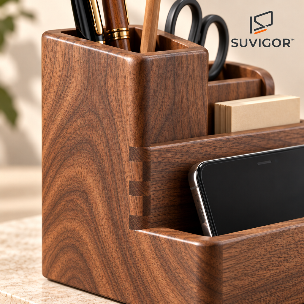 Suvigor™ Solid Wood Pen Holder & Desk Caddy, Multi-Compartment Wooden Organizer with Phone Stand for Office & Study Supplies