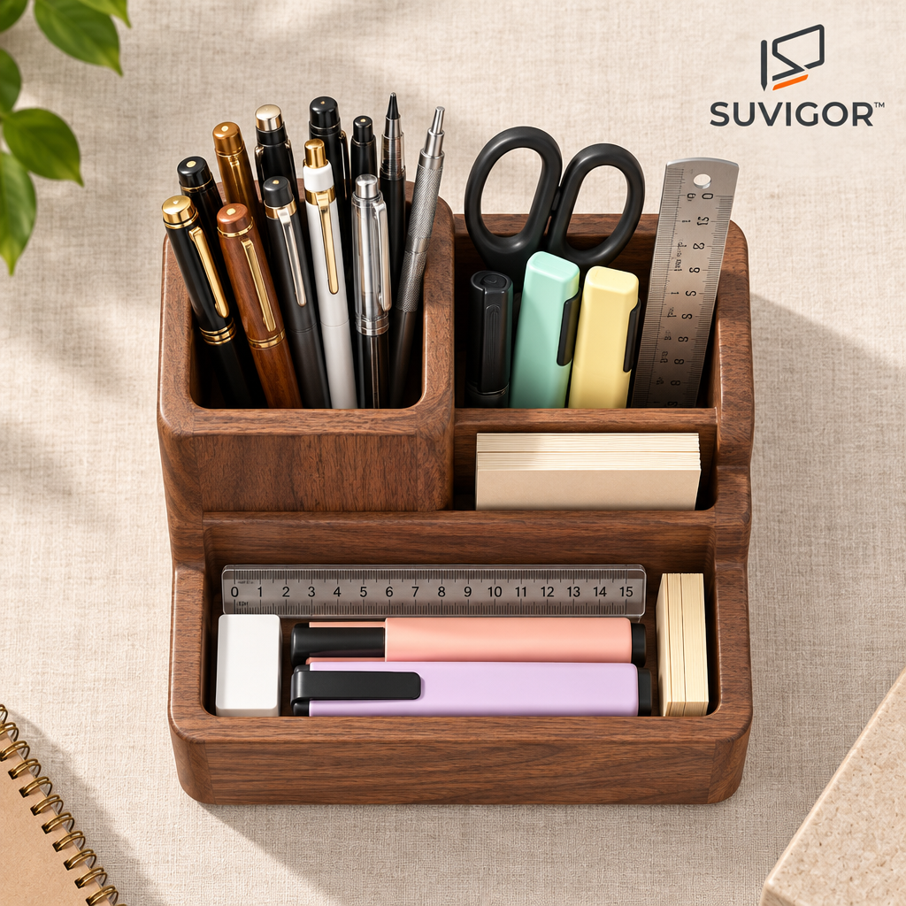 Suvigor™ Solid Wood Pen Holder & Desk Caddy, Multi-Compartment Wooden Organizer with Phone Stand for Office & Study Supplies