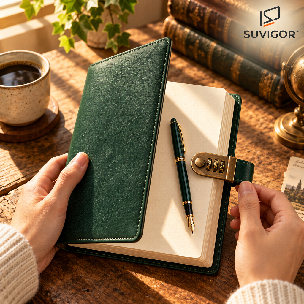 Suvigor™ Minimalist Vintage Locking Journal, Retro Leather Diary with Metal Clasp Lock, Aesthetic Daily Planner & Notebook for Writing