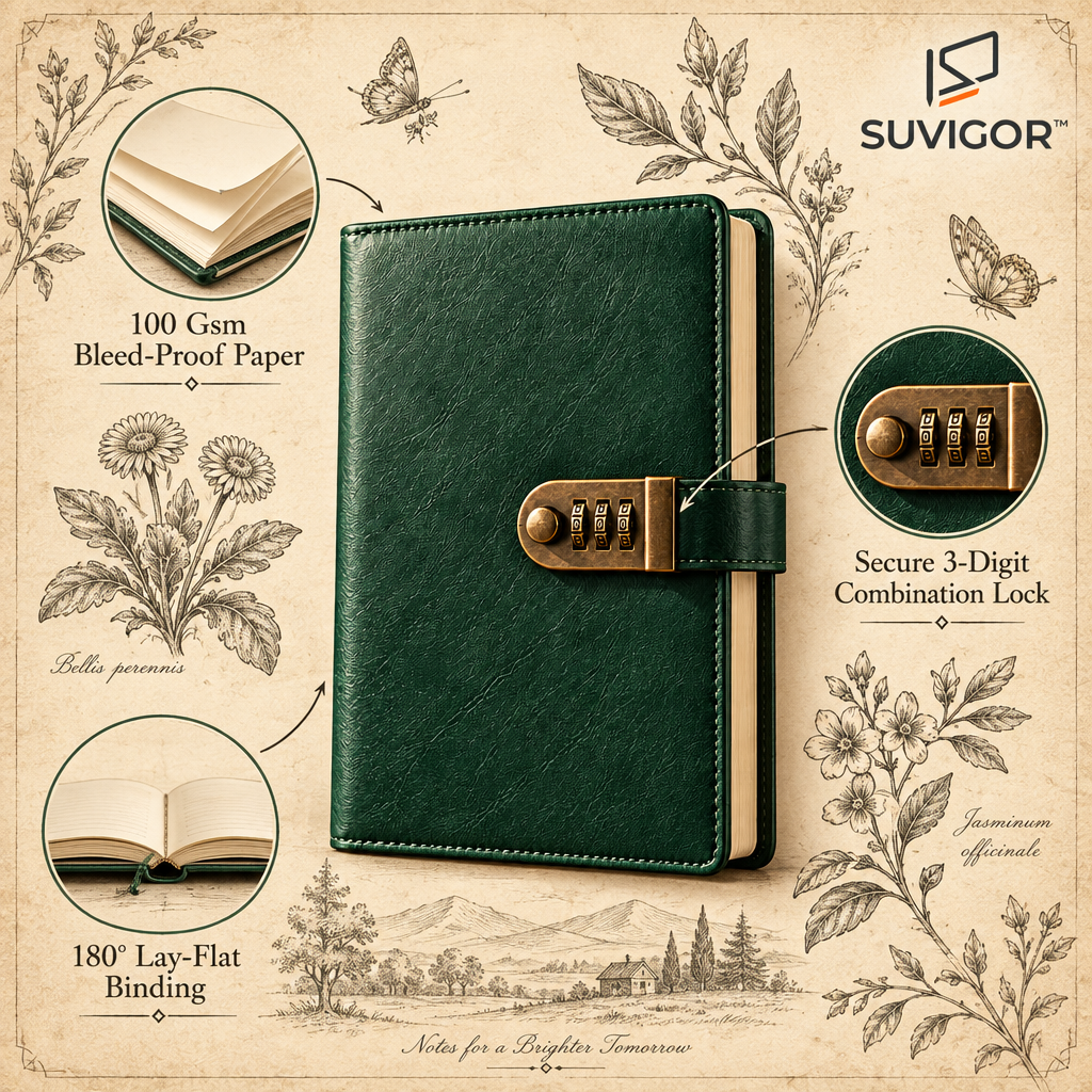 Suvigor™ Minimalist Vintage Locking Journal, Retro Leather Diary with Metal Clasp Lock, Aesthetic Daily Planner & Notebook for Writing
